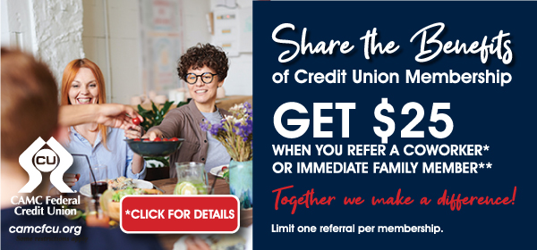 Share the Benefits banner.  White text on dark blue background: Share the Benefits of Credit Union Membership.  Get $25 when you refer a coworker* or immediate family member**  Together we make a difference!  Limit one referral per membership.  Click for Details.  Image of family sharing food at a table.
