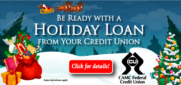 Holiday Loan Banner - Be ready with a Holiday Loan from your Credit Union. Image of a snowy outdoor scene of clickart bag of Christmas presents on the left side and a Christmas Tree on the right side of the banner. At the top is Santa flying in his sleigh being pulled by 4 reindeer.