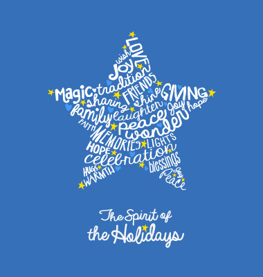 Handwritten Christmas Star Word Cloud design on light blue background.  Word cloud words in white font are Wish, Love, Joy, Magic, traditions, Friends, sharing, GIVING, family, laughter, Faith, peace, Joy, hope, wonder, Memories, lights, Hope, celebrations, hugs, blessing, and warmth.
